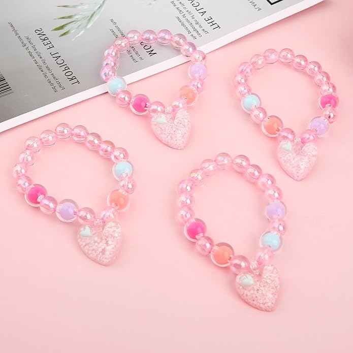 5Pcs Bracelets for Girls Kids, Cute Stretchy Bead Bracelets with Floral Bow pendant Little Girl Friendship Bracelets Costume Jewelry Princess Party Favors for Halloween, Christmas