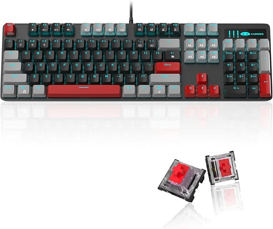 MageGee Mechanical Gaming Keyboard, 104 Keys Blue Backlit Keyboards with Red Switches Double-Shot Keycaps, USB Wired Mechanical Computer Keyboard for Laptop, Desktop, PC Gamers(Gray & Black)