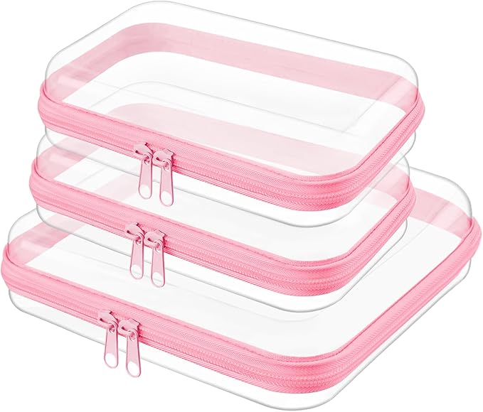 Clear Hard Shell Zipper Case,Clear Toy Storage Pouch,Waterproof Transparent Organizer Cosmetic Case for Travel, Office, Home(Pink, M+2*S)