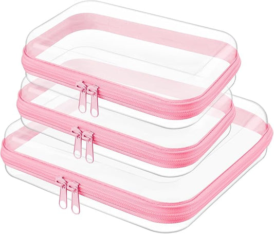 Clear Hard Shell Zipper Case,Clear Toy Storage Pouch,Waterproof Transparent Organizer Cosmetic Case for Travel, Office, Home(Pink, M+2*S)