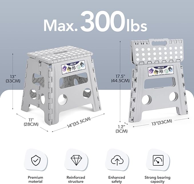 Delxo Folding Step Stool, 13 inch Non-Slip Foldable Stools for Kids & Adults Up to 300 LBS, Step Stool with Handle, Lightweight for Kitchen, Bathroom, Bedroom, Garden, Grey, 1PC
