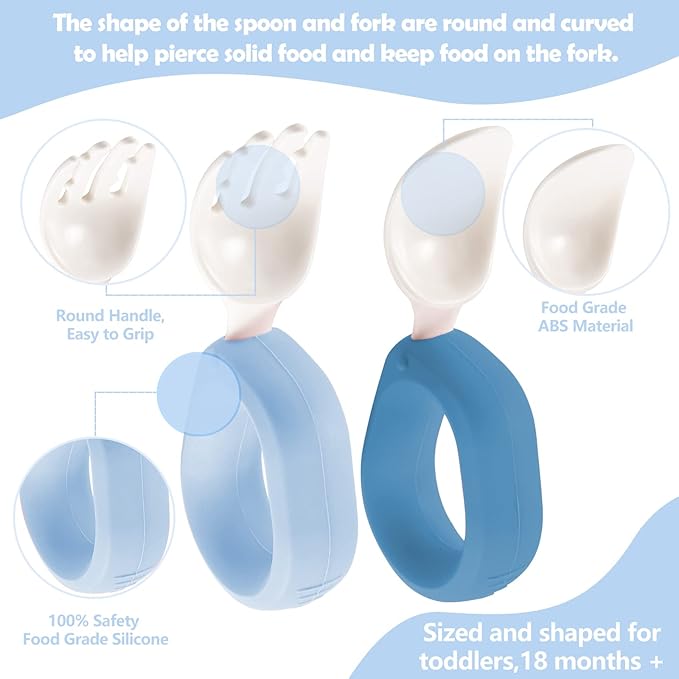Baby Self Feeding Training Spoon and Fork Set with Travel Case, BPA-Free Cute Circle Toddler Training Utensils, Silicone/ABS Great Tableware Set Spoons Fork for Kids(Blue & Light blue)
