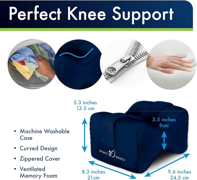 Sports Medica Doctor Developed Knee Pillow for Side Sleepers - Washable Cover Memory Foam Leg Pillow for Side Sleeping, Lower Back & Sciatica Pain Relief - Spine Alignment - Between Knee Hip Cushion