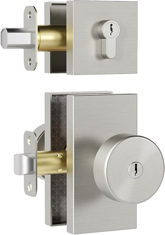 Brushed Nickel Door Knobs with Deadbolt Set, Satin Nickel Front Door Lock Set Exterior Entry Door Knob Door Handles with Key, Keyed-Alike