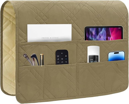 Couch Armrest Organizer Remote Control Holder Bedside Caddy with 6 Pockets, Non-Slip Armchair Caddy Sofa Armrest Organizer for Tv Remote Control, Magazine, Cell Phone, Dark Khaki