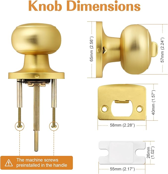 Probrico Brushed Brass Bed/Bath Knobs Keyless Privacy Interior Doors Locksets, Gold Door Knobs 5 Pack