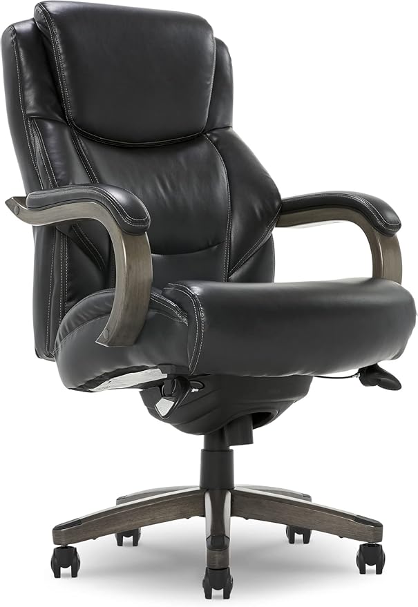 La-Z-Boy Delano Big & Tall Executive Office Chair, High Back Ergonomic Lumbar Support, Bonded Leather, Black with Weathered Gray Wood
