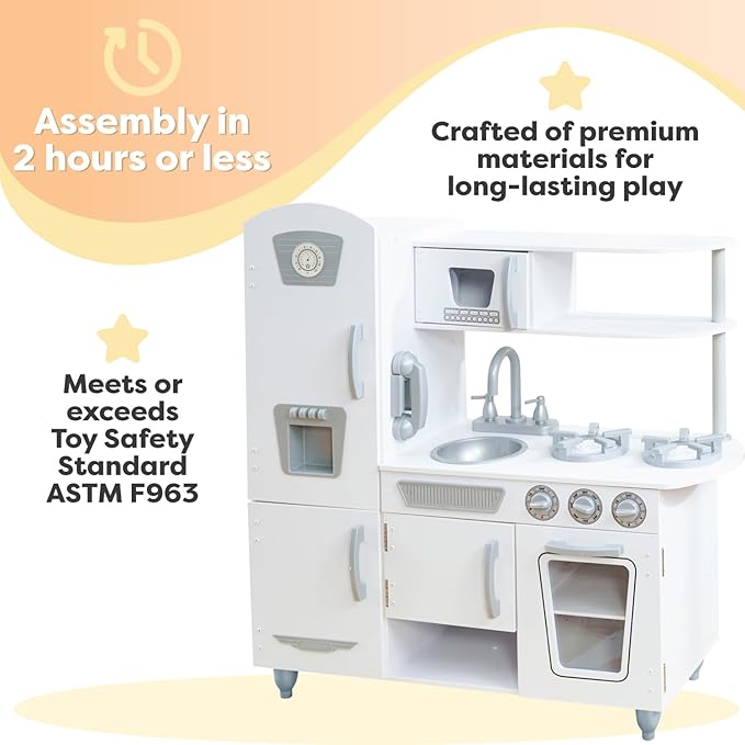 KidKraft Vintage Wooden Play Kitchen with Pretend Ice Maker and Play Phone, White