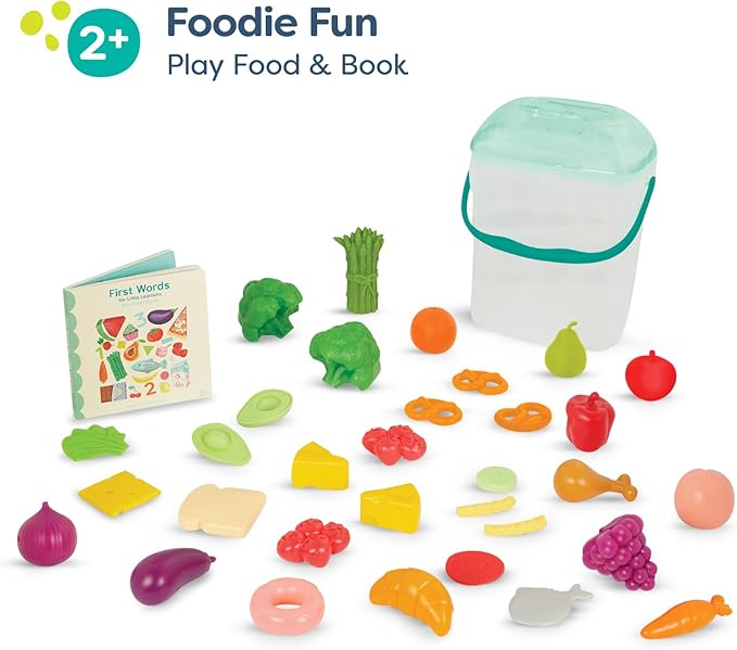 B. toys- Foodie Fun- Pretend Play Food & Board Book Set – 32 Pieces of Play Food – Educational Book for Toddlers – Storage Bucket with Lid – 2 Years +
