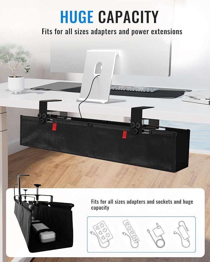 36" No Drill Under Desk Cable Management Tray - Upgraded Oxford Fabric with Cable Loop, No Damage to Table for Standing Desks and Home Office (Large (36 Inch))