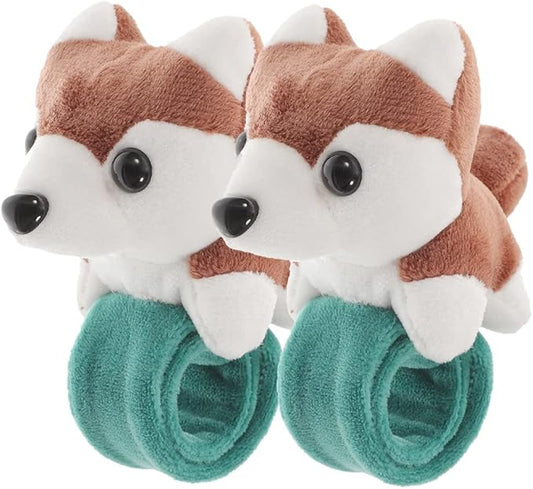 LOGOFUN 2Pcs Plush Dog Slap Bracelet Puppy Stuffed Animal Hug Slap Bracelet Birthday Party Favor (Brown)