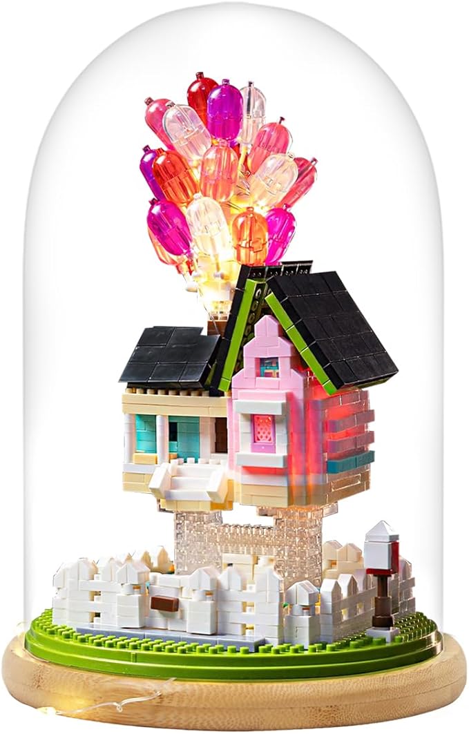 House Building Blocks Kit Toys Set, Miniature 1243 Pcs Micro Bricks Collectible Creative Teen Girl Gifts Age 14 and Up, Dust Cover, Wooden Base Up Balloon Castle Toys DIY Decoration Home