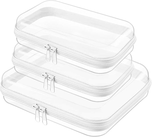 Clear Hard Shell Zipper Case,Clear Toy Storage Pouch,Waterproof Transparent Organizer Comestic Case for Travel, Office, Home(White, M+2*S)