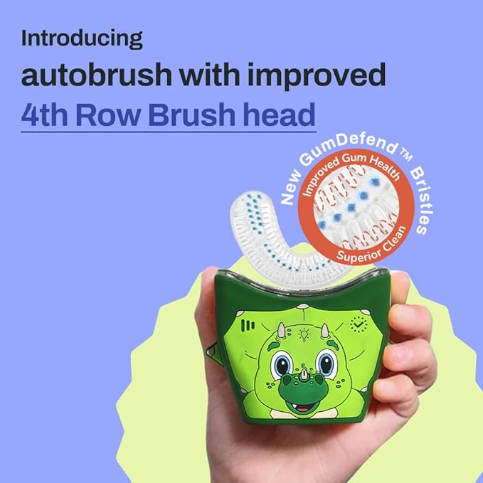 autobrush Kids U Shaped Electric Toothbrush, ADA Accepted, Sonic Pro with Unique 360° Nylon Bristles 3 Cleaning Modes,Whitening LED-Lights,Plays Music (Double-Sided),Ages 6-8, Dinosaur