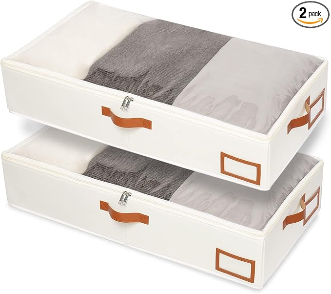 Yawinhe Under Bed Storage Containers, 2 Pack, Bin with Lids, Collapsible Closet Organizers, with Sorting Card Slot and 4 Leather Handles, for Blanket, Bedding, 31.5''Lx15.7''Wx6''H, Beige