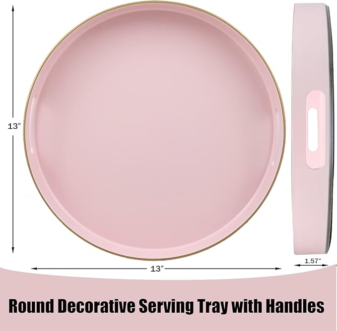 Omuriko Pink Round Decorative Tray with Handles, 13" Versatile Serving Tray for Coffee Table, Ottoman, Ideal for Serving, Displaying, Organizing