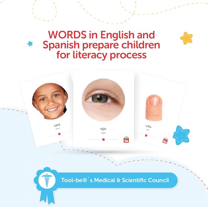 Tool-be Bilingual Flash Cards for Babies and Toddlers, with 35 Real Photos of Body Parts, Spanish-English Educational Toys, Sight Words Flash Cards, Ages 6 Months to 6 Years