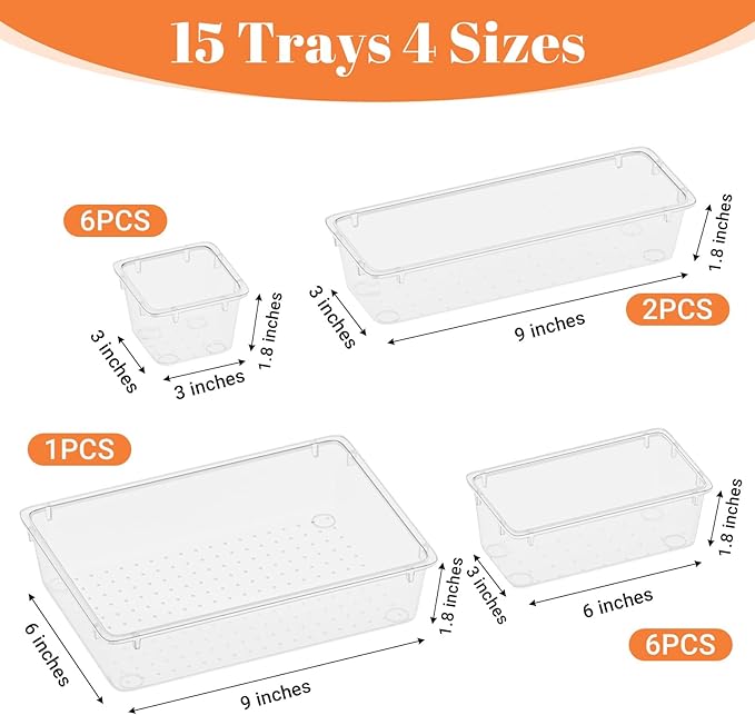 15 PCS Clear Plastic Drawer Organizer Set, 4-Size Acrylic Drawer Storage Trays, Storage Bins for Makeup, Gadgets, and Jewelry in Bathroom, Bedroom and Office, Clear