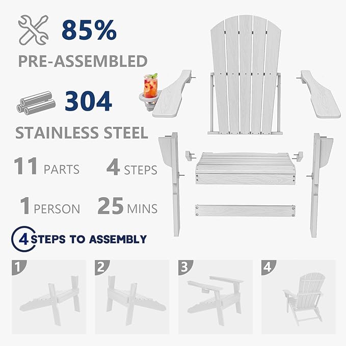 Plawdlik Folding Adirondack Chair, SGS Tested, Wooden Textured with Cup Holder, Heavy All-Weather HDPE Comfortable Set Poolside Backyard Lawn White