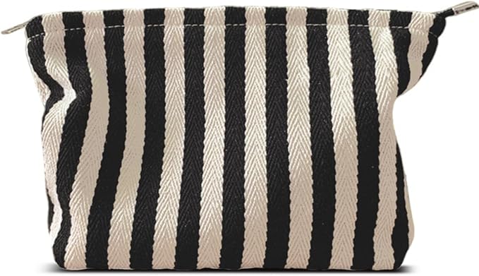 HAPPYHEIDI Large Stripe Makeup Bag Cosmetic Toiletry Travel Pouch, Purse Organizer, Canvas Lined, Black White, Large