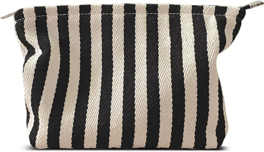 HAPPYHEIDI Large Stripe Makeup Bag Cosmetic Toiletry Travel Pouch, Purse Organizer, Canvas Lined, Black White, Large