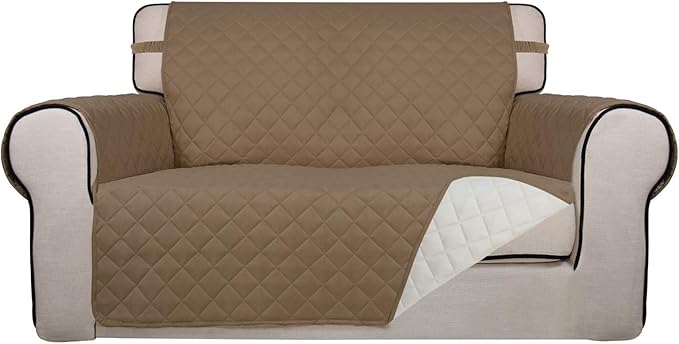 PureFit Reversible Quilted Sofa Cover, Water Resistant Medium Slipcover Furniture Protector, Washable Couch Cover with Non Slip Foam and Elastic Straps for Kids, Dogs, Pets (Loveseat, Camel/Ivory)