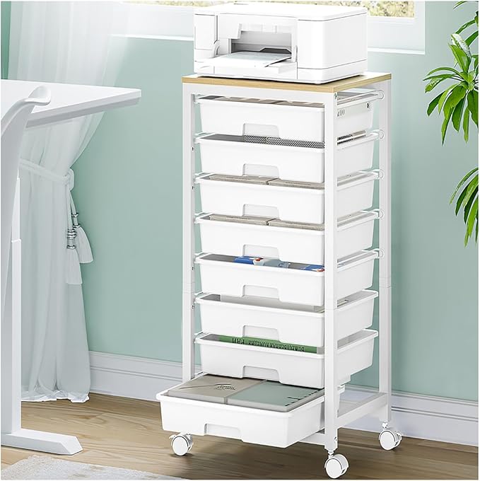Rolling Cart with Drawers,8 Drawer Rolling Cart,Rolling Drawer Cart,Rolling Storage Drawer Cart,White Rolling Cart,Utility Cart with Drawers and Wooden Tabletop