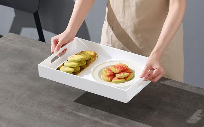 BEYLANG Glossy White Sturdy Acrylic Serving Tray with Handles-12x20Inch-Serving Coffee,Appetizer,Breakfast,Butler-Kitchen Countertop Tray-Makeup Drawer Organizer-Vanity Table,Ottoman Tray-Decorative