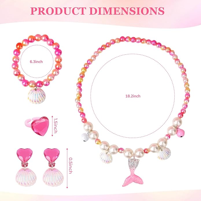 Girl Princess Necklace Bracelet Set, Sea Shell Pearl Earrings and Ring, Pretend Play and Dress up Jewelry Mermaid Style Play Accessories for Birthday Gifts Cosplay, Halloween, Christmas