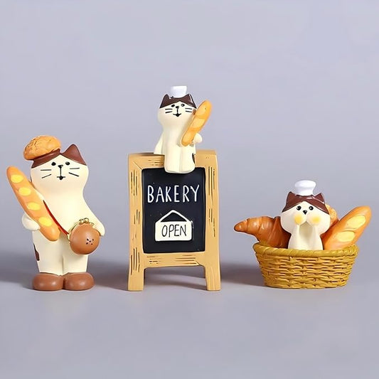 Miniature Cat Bakers Trinkets Set of 3, Cute Cat Figurines for Bakery, Funny Gifts for Cat Lovers or Baker, Car Dashboard Home Office Desk Decor