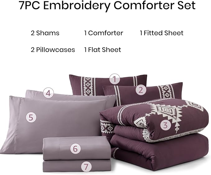 MaiRêve Embroidery King Size Comforter Set Purple, Boho Farmhouse Western Bedding Set 7 Pieces, All Season Bed in A Bag Comforter Set with Sheets, Pillowcases & Shams