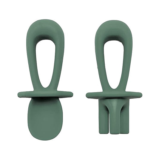 Tiny Twinkle Silicone Training Utensils - Baby Spoons and Baby Forks For Self-Feeding Training - Silicone Baby Led Weaning Utensils For Toddlers And Babies 6-24 Months - Baby Feeding Supplies (Olive)