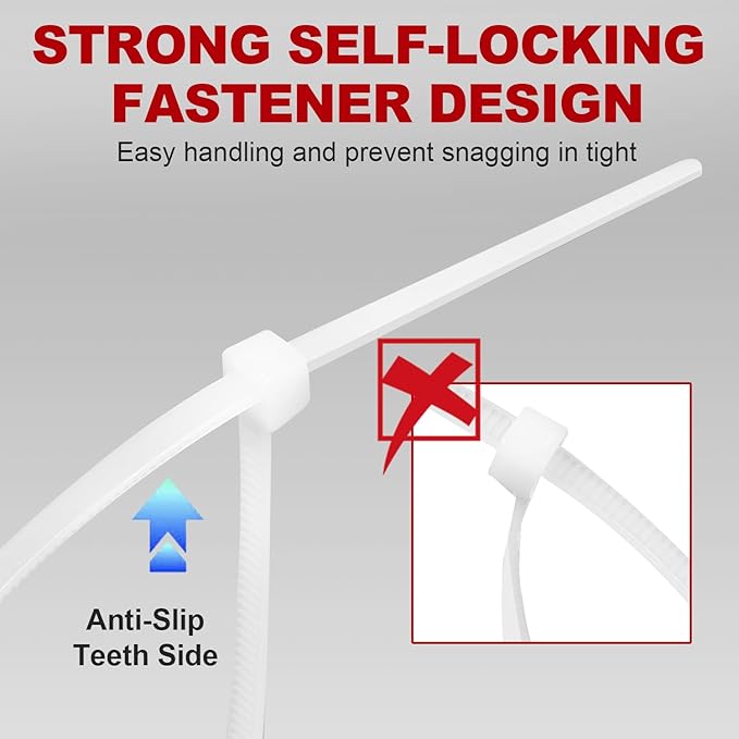 Zip Ties, RAZCC 1200pcs Cable Zip Ties 12 Inch, Heavy Duty White Plastic Wire Ties with 70lb Tensile Strength, Self-Locking Nylon Cable Ties, Wire Management for Indoor and Outdoor