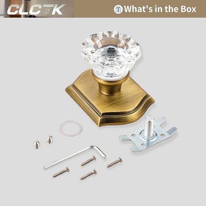 CLCTK 2 Pack Crystal Glass Dummy Door Knobs, Non-Turning Single Side Dummy Door Knob for Interior Doors in Antique Brass