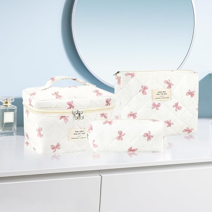 URSKYTOUS 3Pcs Cotton Quilted Makeup Bag for Women Extra Large Coquette Small Floral Travel Cosmetic Bag Set Aesthetic Cute Bow Makeup Pouch Portable Toiletry Bag Puffy Essential Storage Organizer