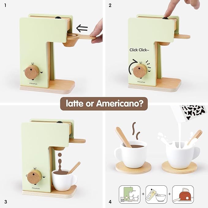 Kids Coffee Maker Playset,Wooden Toy Toaster,Toy Mixer,3-in-1 Kids Kitchen Playset,Pretend Play Kitchen Accessories,Wooden Kitchen Sets for Kids Toddlers Boys Girls Ages 3+