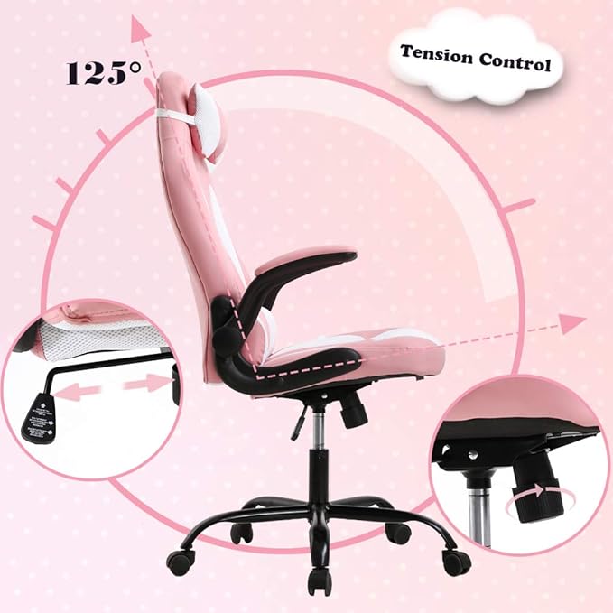 Gaming Chair Office Chair Desk Chair with Lumbar Support Flip Up Arms Headrest Swivel Rolling Adjustable PU Leather Racing Computer Chair for Girls,Pink