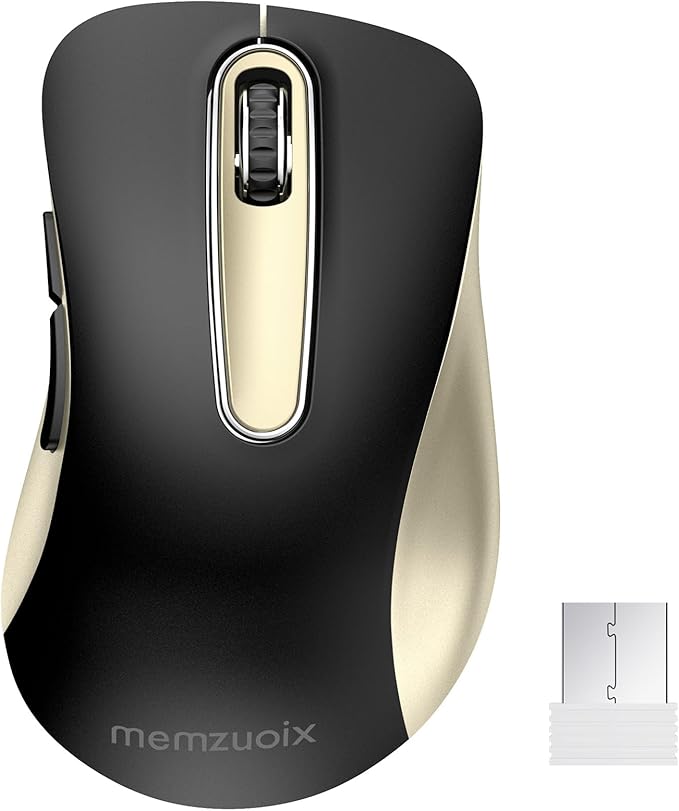 memzuoix 2.4G Wireless Mouse, 1400 DPI Computer Mice with USB Receiver, Portable Wireless USB Battery Powered Cordless Mouse for Laptop, PC, Desktop, 5 Buttons (Black Gold)