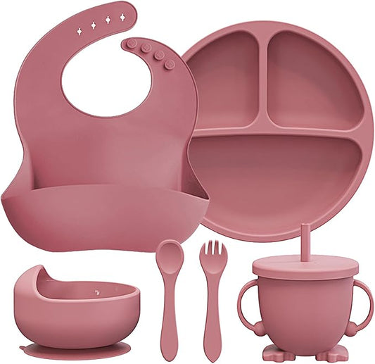 RyanLemon Baby Feeding Set, Baby Flatware Sets, Silicone Baby Led Weaning Set, Suction Plate and Bowl, Pocket Bib, Spoon Fork, Toddler Flatware Set for Babies 6 Months+, Pink