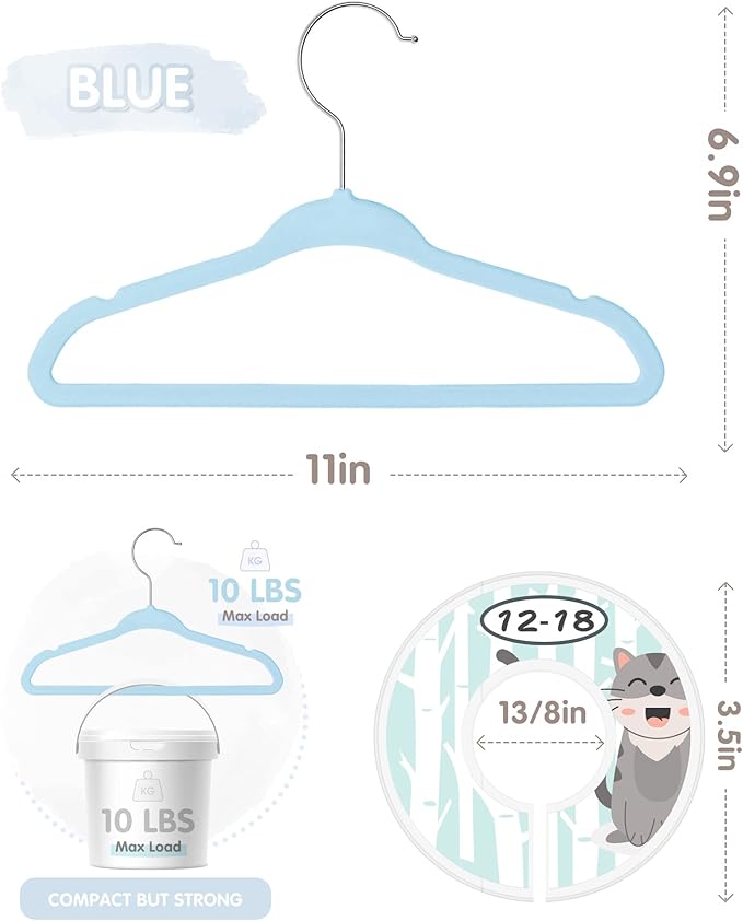 Baby Hangers, VIS'V 11 Inch Blue Velvet Kids Hangers with 6 Pcs Size Dividers Non Slip Nursery Children Closet Clothes Hangers for Infant Toddler Girls and Boys 50 Pcs