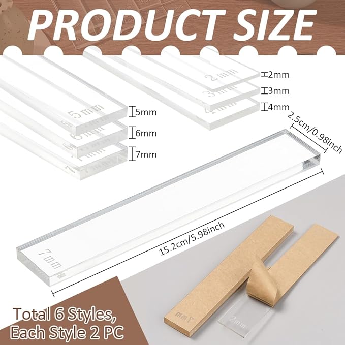 BENECREAT 12Pcs 6 Size Acrylic Polymer Clay Depth Guide Set, 2,3,4,5,6,7mmAdjustable Clay Rolling Pin Guide with Protective Film for Polymer Earrings, Roller Depth Guides