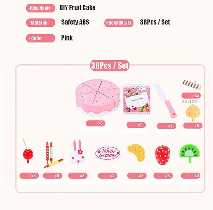 38 PCS DIY Cutting Birthday Party Cake Toy Pretend Play Kitchen Food Toys Set,DIY Fruit Cutting Kitchen Toys Pink/Blue Cut Cake Toys for Girls Boys Gift (38PCS Pink)