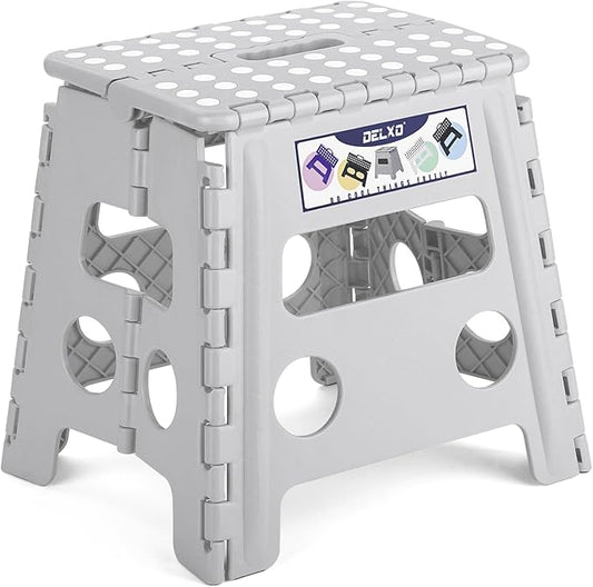 Delxo Folding Step Stool, 13 inch Non-Slip Foldable Stools for Kids & Adults Up to 300 LBS, Step Stool with Handle, Lightweight for Kitchen, Bathroom, Bedroom, Garden, Grey, 1PC