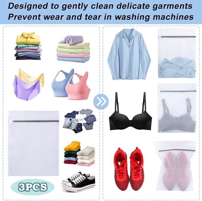 Vivifying 3Pcs Mesh Laundry Bags for Delicates, Honeycomb Mesh Wash Bags with Zipper for Washing Machine, Shoes, Lingerie, Socks and Stuffed Toys (Medium, 12.5 x 16Inches)