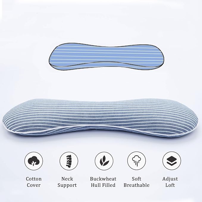Buckwheat Pillow Cervical Neck Pillow, Buckwheat Hulls Filling Cooling Lumbar Support Pillow, Adjustable Firmness Ergonomic Design with Washable Cover, Blue 19"X7"