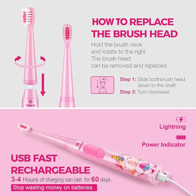 Vekkia Sonic Rechargeable Kids Electric Toothbrush, 3 Modes with Memory, Fun & Easy Cleaning, 24000 Strokes, IPX7 Waterproof, 2-Min Timer for Age 5+, 4 Soft Bristles(Pink)