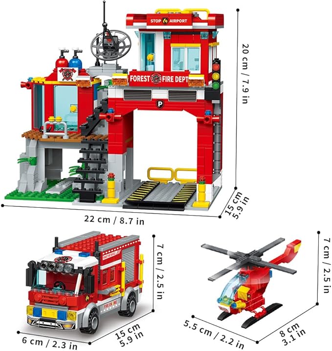 City Fire Rescue Building Set with Fire Station, Truck & Helicopter,737pcs Toy Gift for Boys 6+ (Compatible with Lego)
