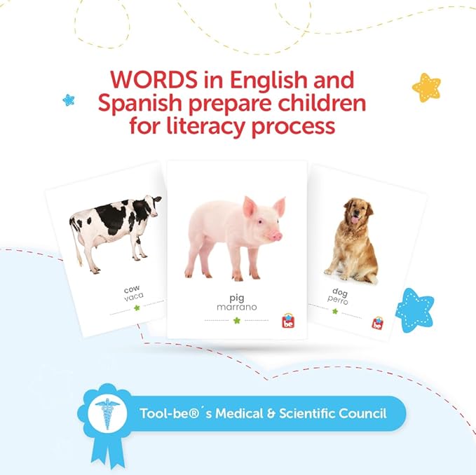 Tool-be Animal Cards. 18 Real Photos of Farm Animals. Spanish-English Flash Cards for Babies 6-12 Months, Montessori Toys for 1+ Year Old, Baby Flash Cards 12 to 18 Months, up to 6Y