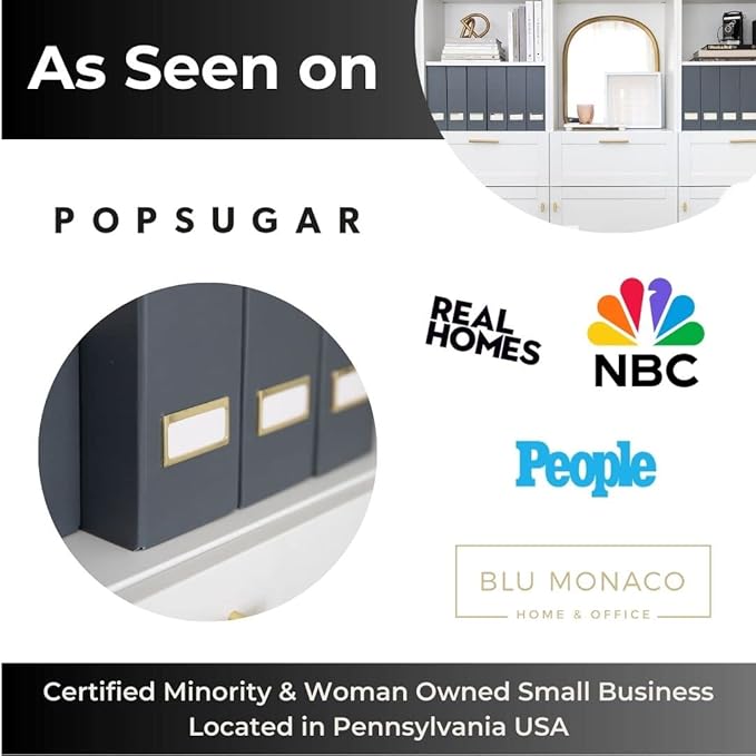BLU MONACO | Set of 6 Foldable Grey Magazine File Holders with Gold Label Holders | Vertical File Organizer Boxes for Desk, Bookshelf & Home Office Storage