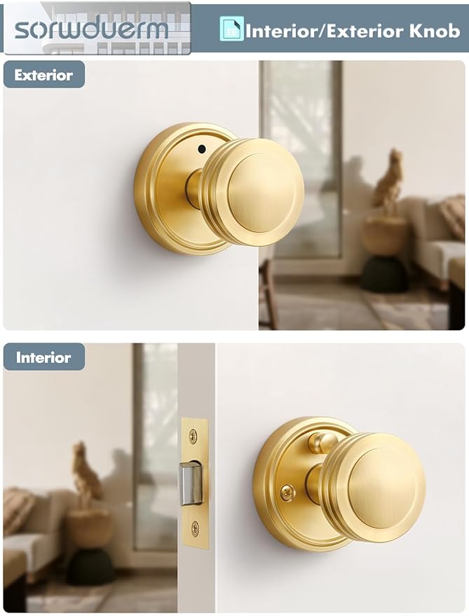 2 Pack Gold Door Knob Privacy Door Knobs Satin Brass Door Handle Interior Brushed Gold Door Knobs with Lock for Bedroom and Bathroom Zinc Alloy